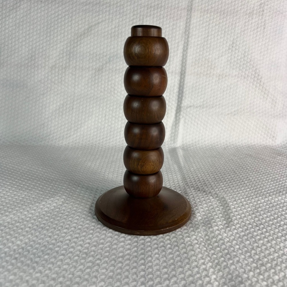 Vintage MCM Style Dark Wood Napkin Rings Set of 6 with Vertical Stacking Stand